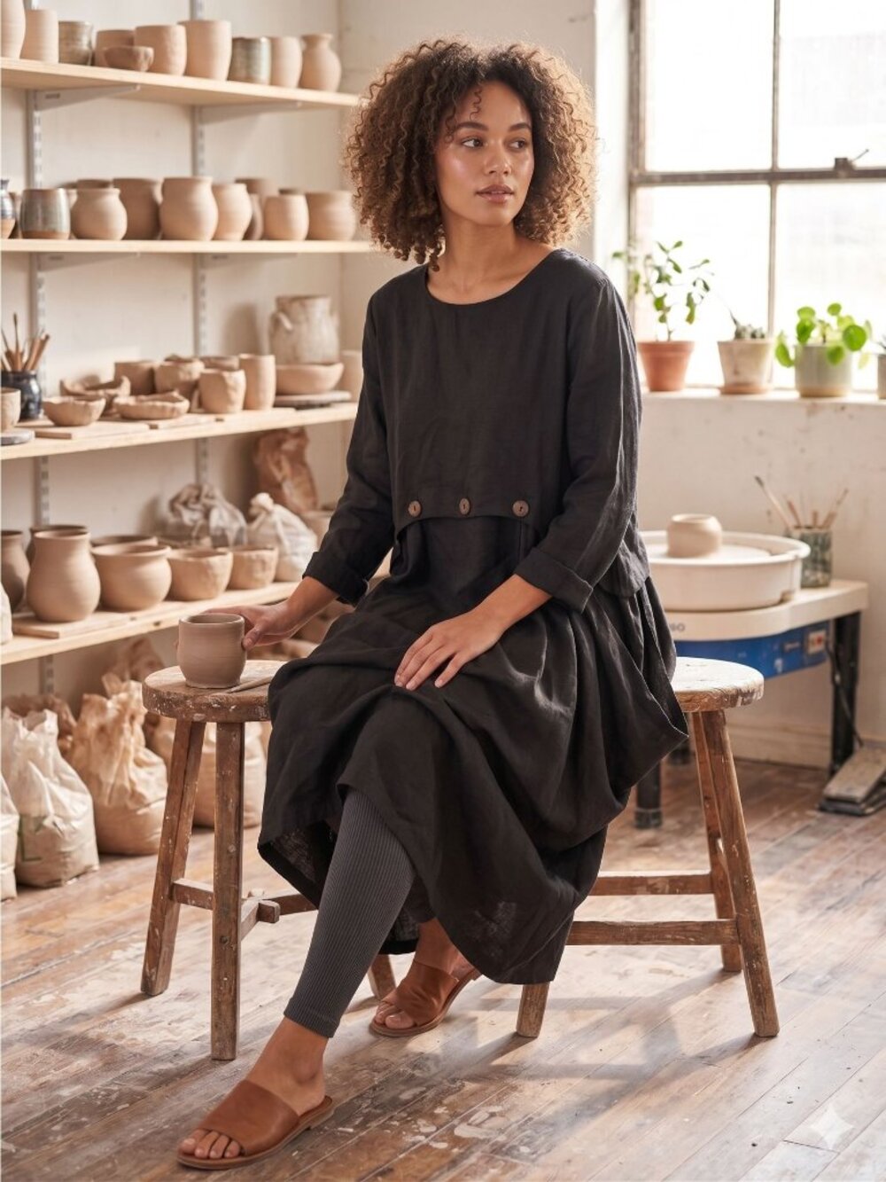 Cheyenne 100% Linen Lagenlook Dress L XL Black Open Side Button Pinafore Tunic